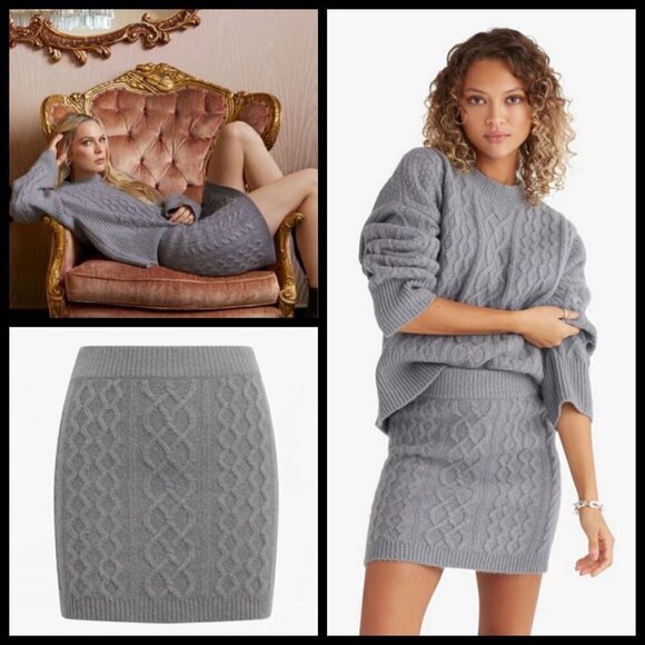 💕FAVORITE DAUGHTER💕 Cable Knit Mini Skirt Wool Cashmere Storm Cloud Grey L NWT - Picture 1 of 16